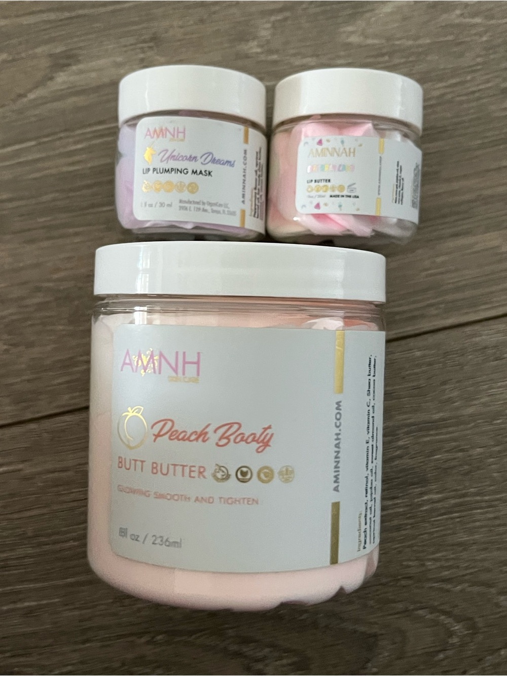 NWT Aminnah Peach Booty Butt Butter, Unicorn Lip Plumping Mask & CakeLip Butter